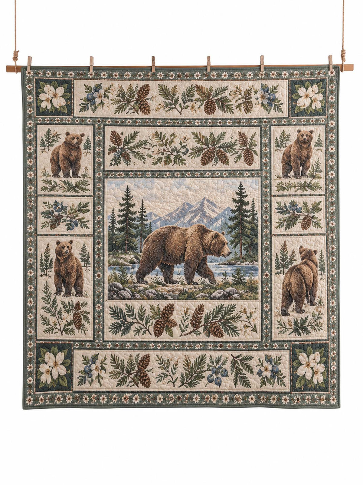 Mountain Bear Pine Forest Quilted 3-Piece Bedding Set