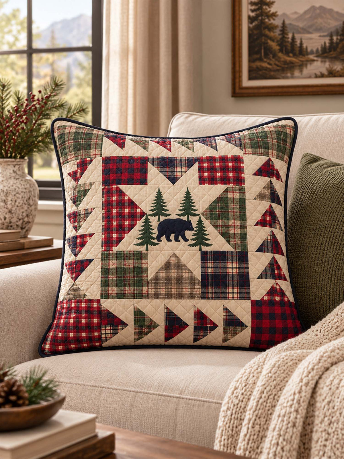 Black Bear Plaid Star Woodland Quilted Pillow Cover