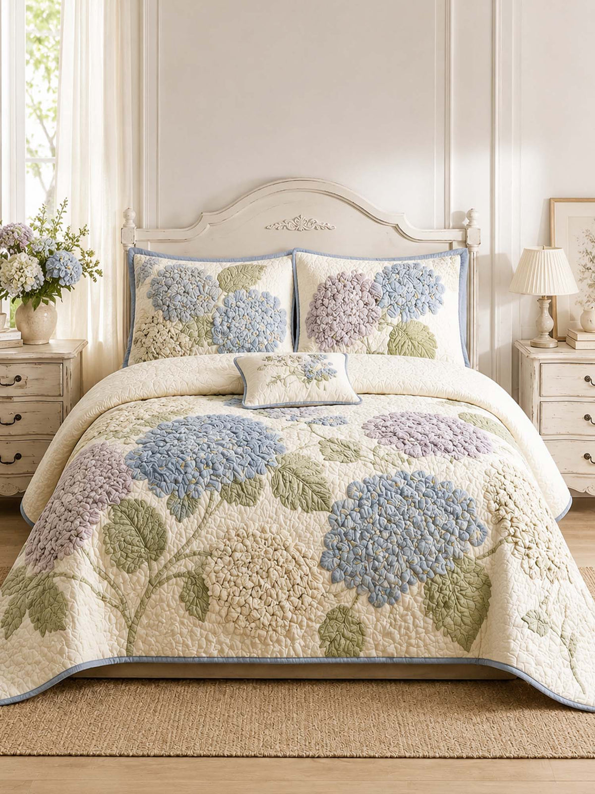 H.PAI Hydrangea Floral Quilted 3-Piece Bedding Set