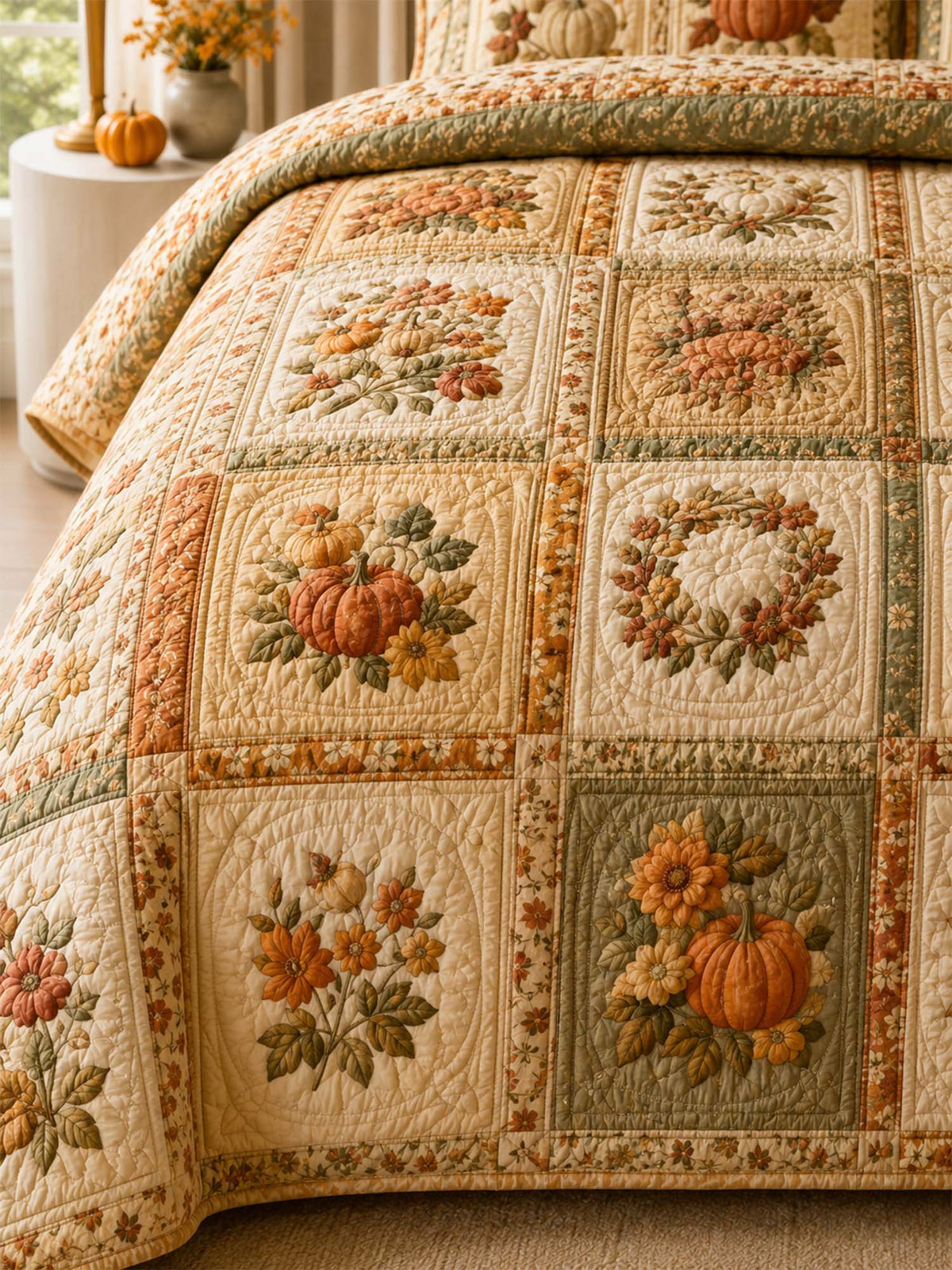 H.PAI Pumpkin Harvest Quilted 3-Piece Bedding Set
