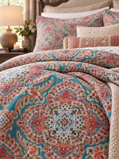 Turquoise Boho Medallion Reversible 100% Cotton Quilted Bedding Set