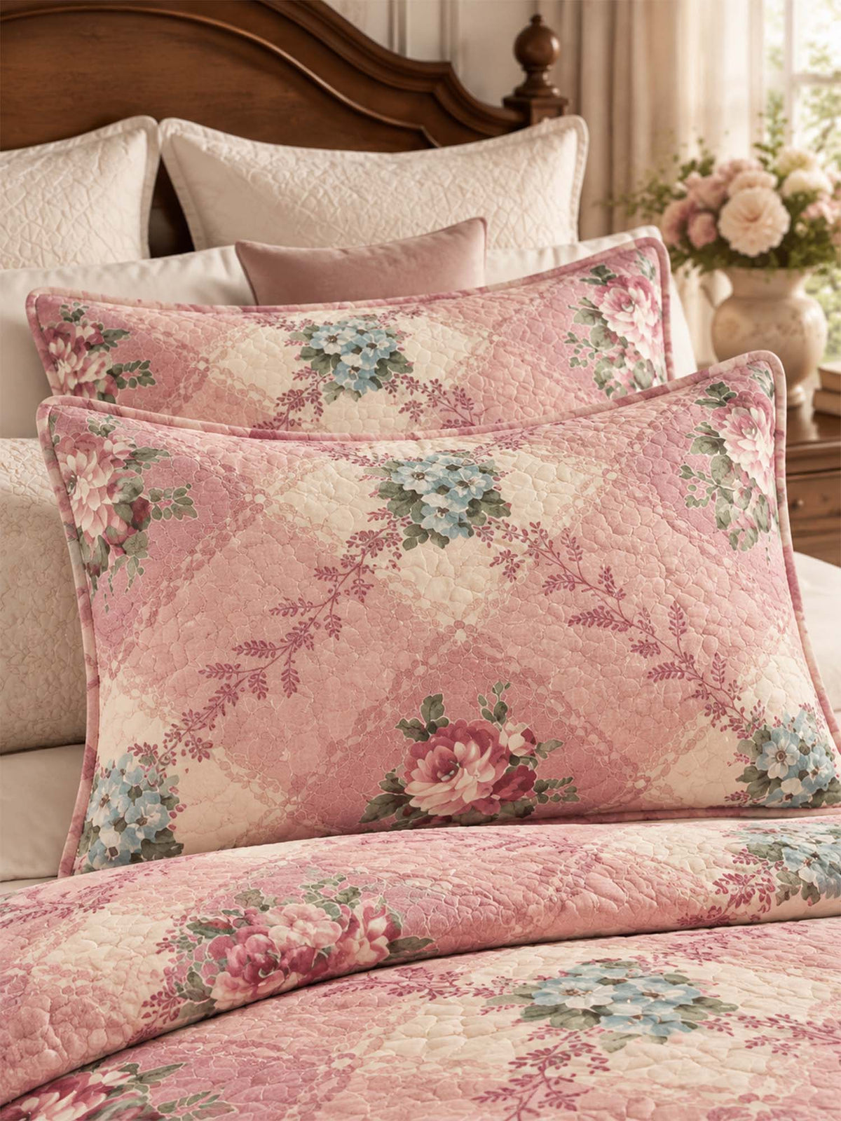Vintage Rose Floral Quilted 3-Piece Bedding Set
