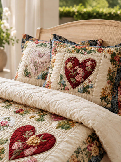H.PAI Vintage Heart Floral Quilted 3-Piece Bedding Set