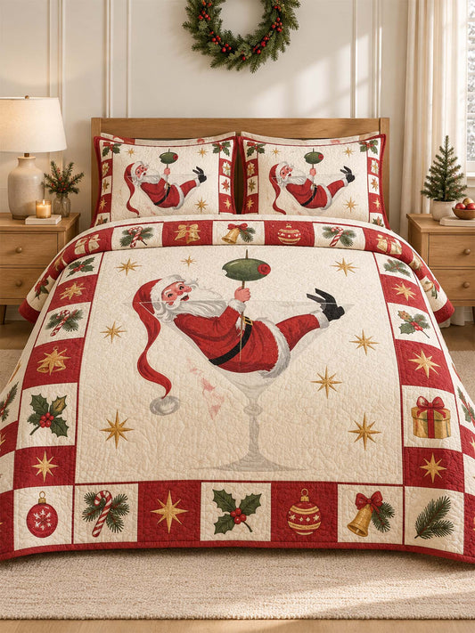 Jolly Santa Martini Christmas Quilted 3-Piece Bedding Set