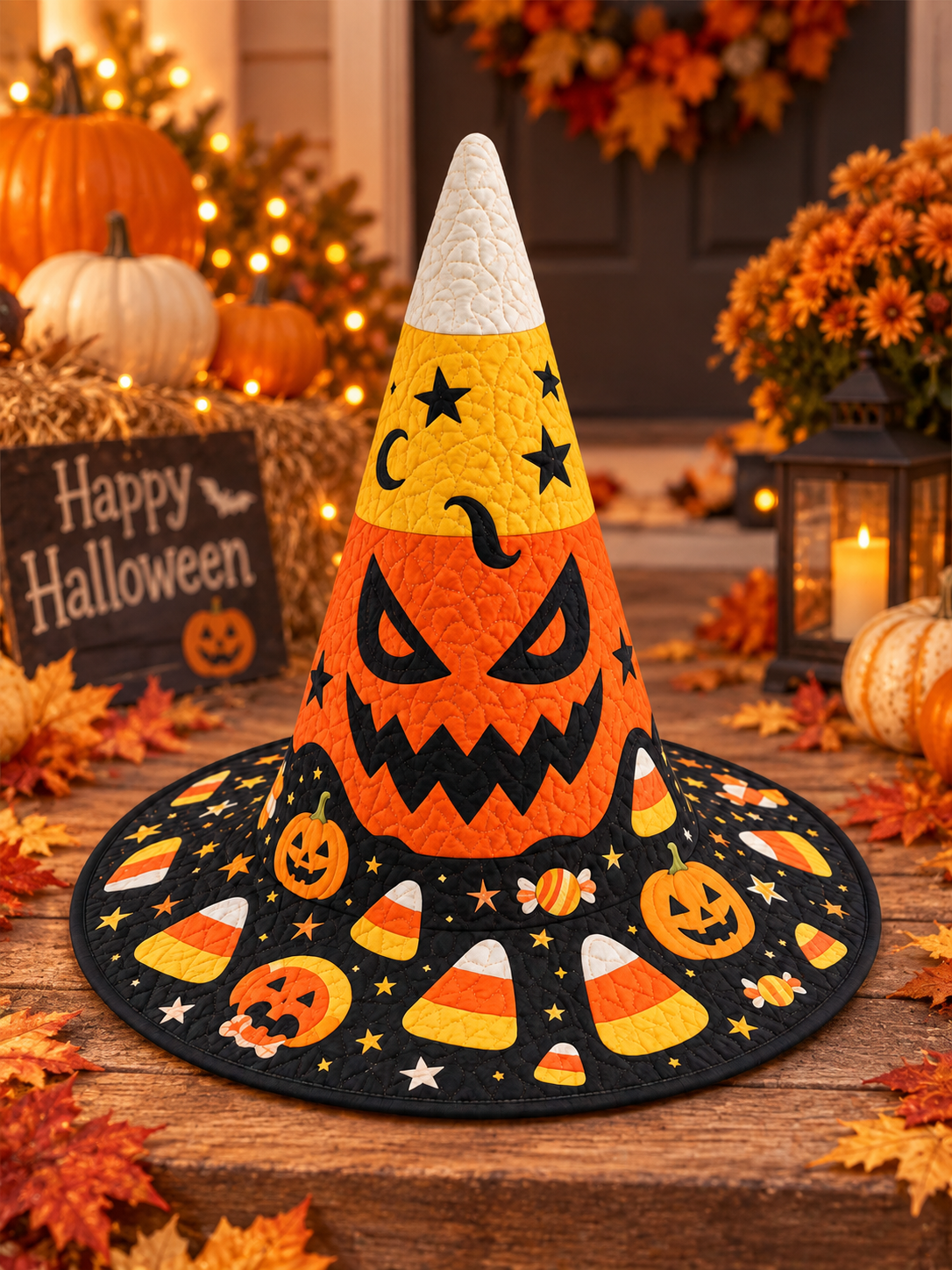 Candy Corn Pumpkin Halloween Handcrafted Quilted Witch Hat
