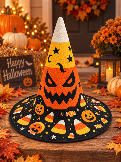Candy Corn Pumpkin Halloween Handcrafted Quilted Witch Hat