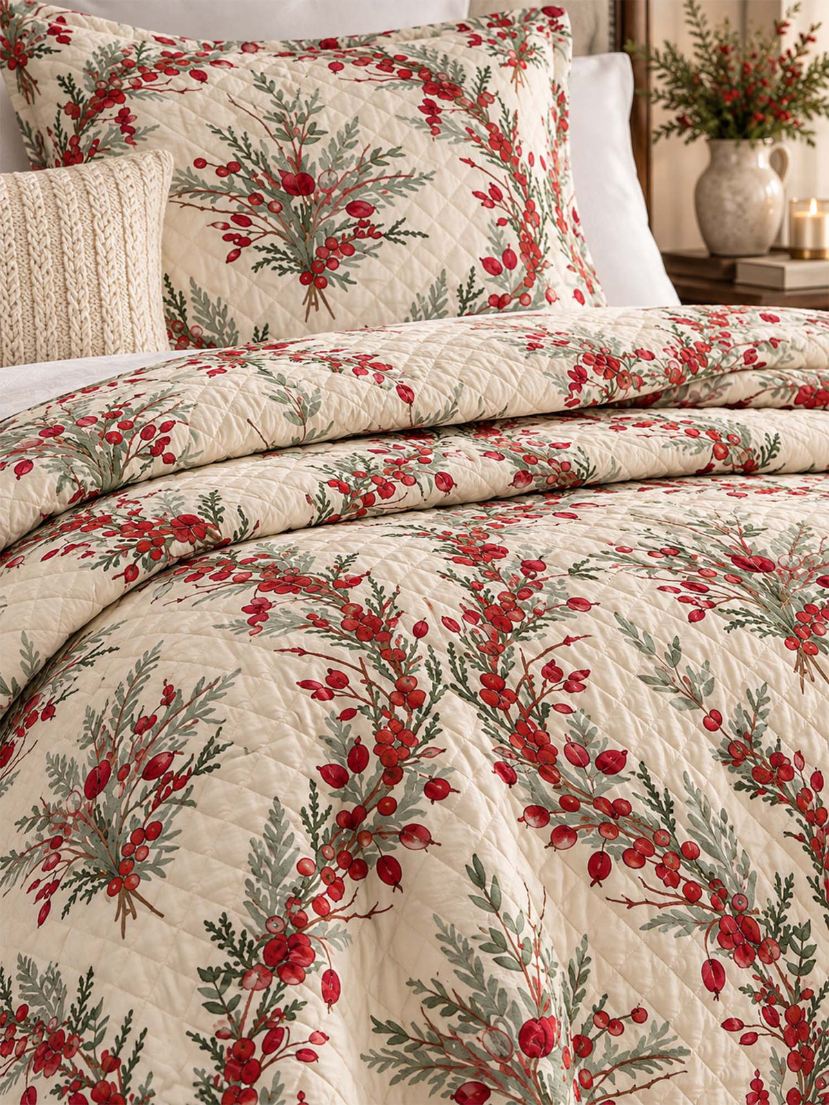 Christmas Berry Botanical Quilted 3-Piece Bedding Set