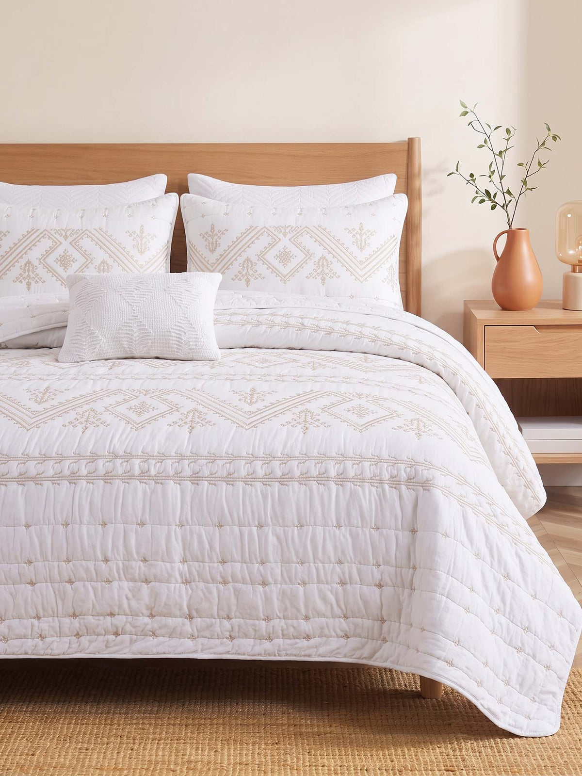 Ivory Nomad Geometric Quilted 3-Piece Bedding Set