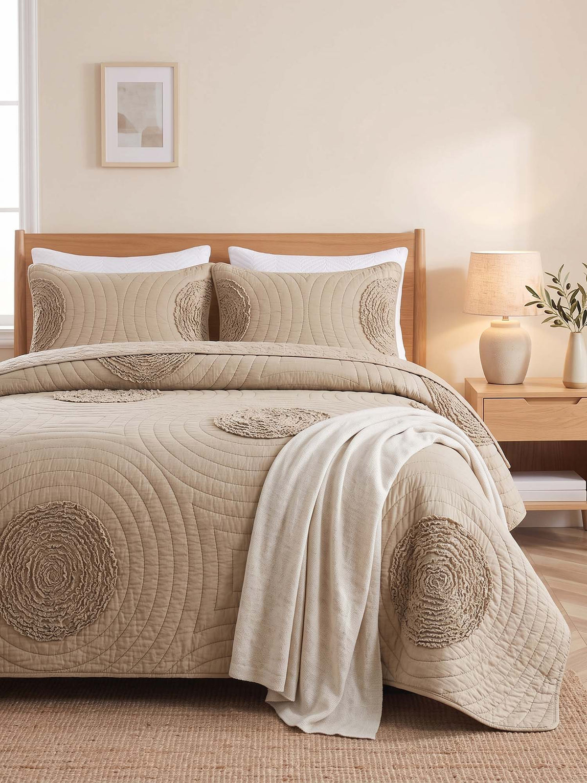 Neutral Textured Circles Quilted 3-Piece Bedding Set
