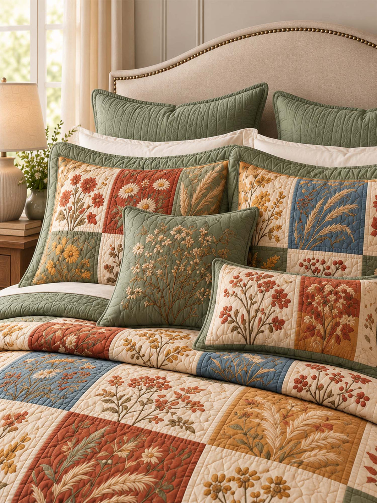 Autumn Botanical Patchwork Quilted 3-Piece Bedding Set