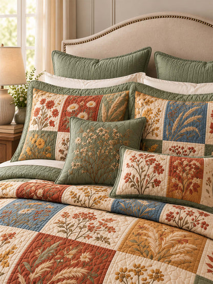 Autumn Botanical Patchwork Quilted 3-Piece Bedding Set