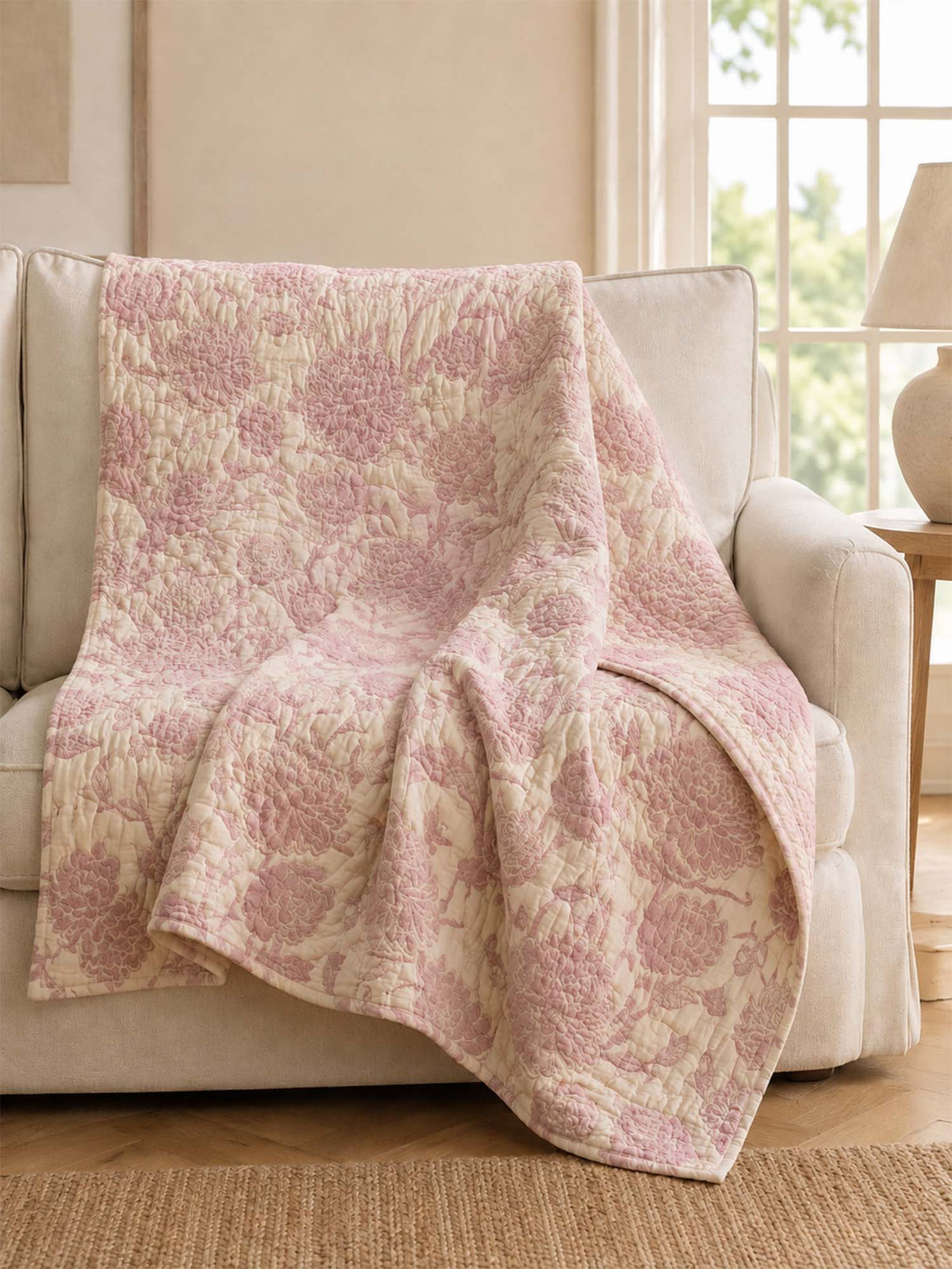 Vintage Pink Peony Floral 100% Cotton Gauze Soft Puff Blanket