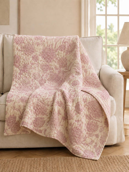 Vintage Pink Peony Floral 100% Cotton Gauze Soft Puff Blanket