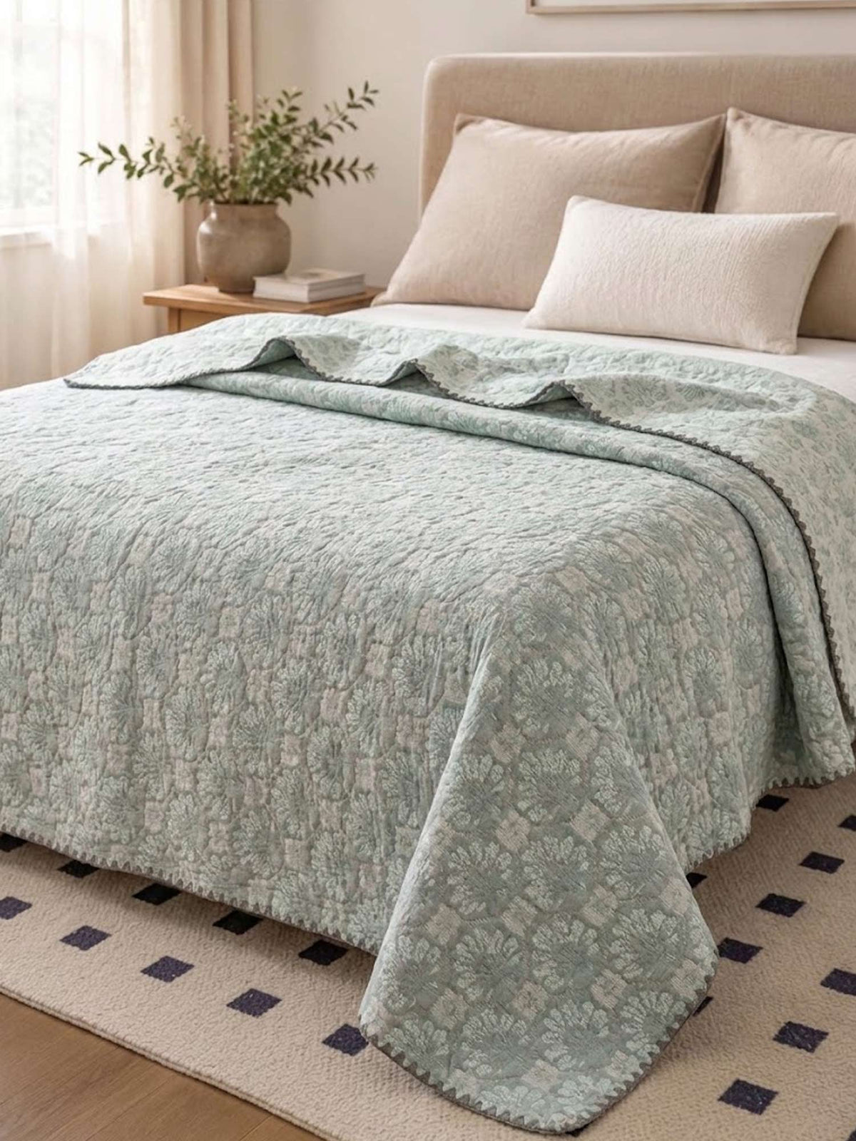 Vintage Sage Gray Damask Floral Jacquard Quilted Throw Three‑Layer Gauze Cotton Blanket