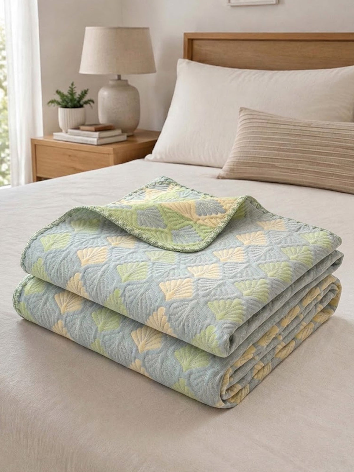 Vintage Green Yellow Geometric Patchwork Jacquard Quilted Throw Three‑Layer Gauze Cotton Blanket