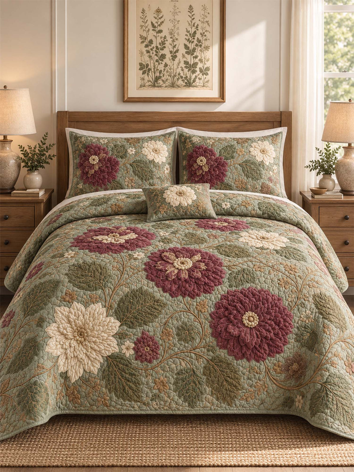 H.PAI Dark Botanical Floral Quilted 3-Piece Bedding Set