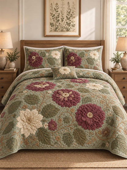 H.PAI Dark Botanical Floral Quilted 3-Piece Bedding Set