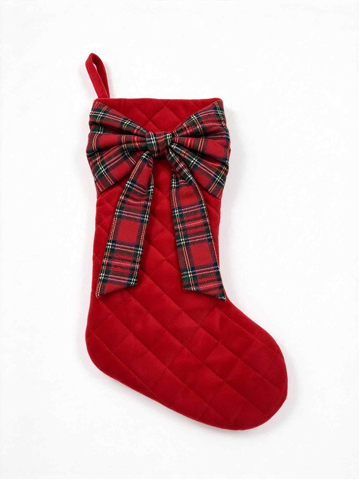 Red Quilted Velvet Christmas Stocking with Plaid Bow