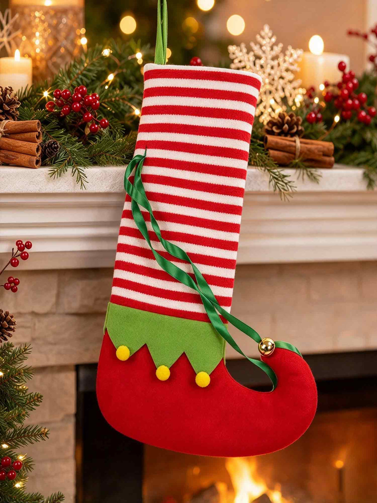 Elf Christmas Stocking, Striped Xmas Hanging Stocking