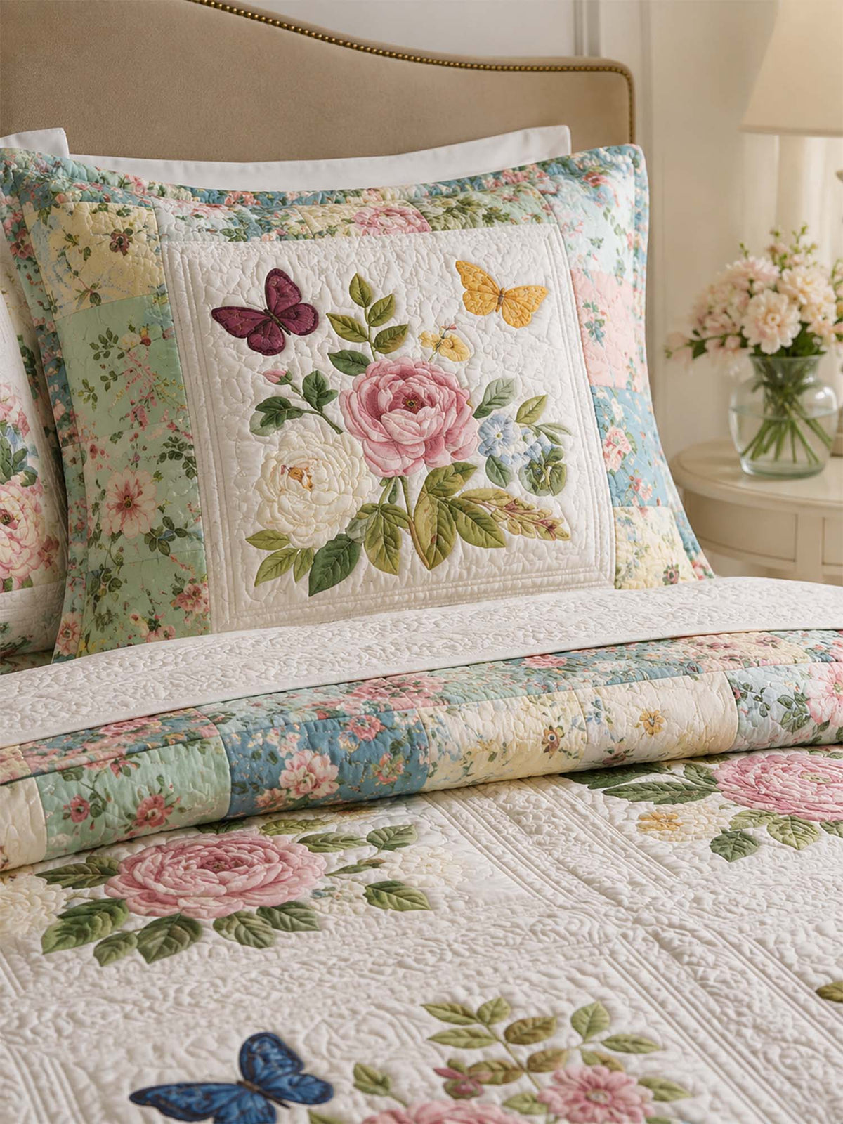 H.PAI Vintage Floral Garden Quilted 3-Piece Bedding Set