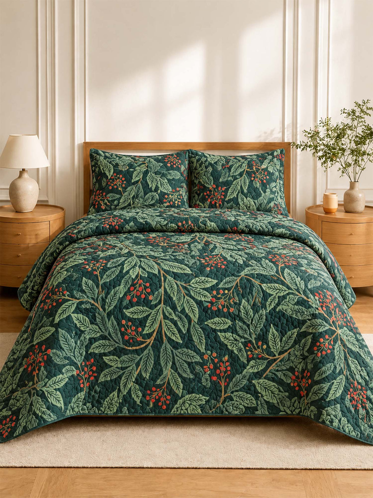 Poinsettia Botanical Christmas Reversible Quilted 3-Piece Bedding Set