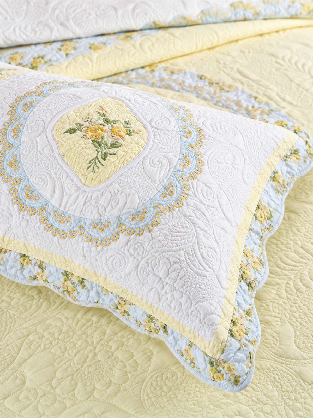 Golden Meadow Embroidered Floral Quilted 3-Piece Bedding Set