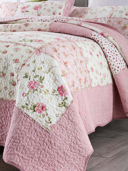 Rose Cottage Patchwork Quilted 3-Piece Bedding Set