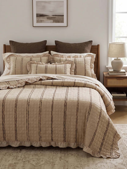 Stripe Ruffle Jacquard 100% Cotton Reversible Quilted 3-Piece Bedding Set