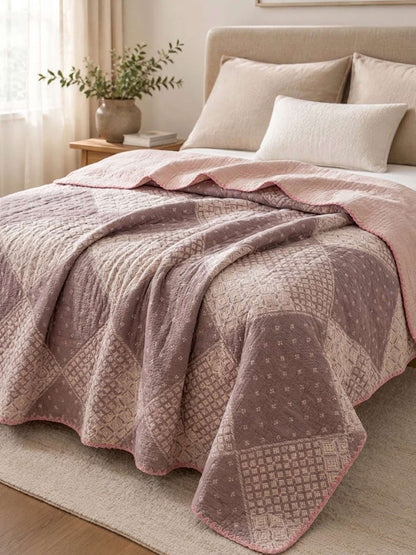 Vintage Pink Patchwork Jacquard Quilted Throw Three‑Layer Gauze Cotton Blanket