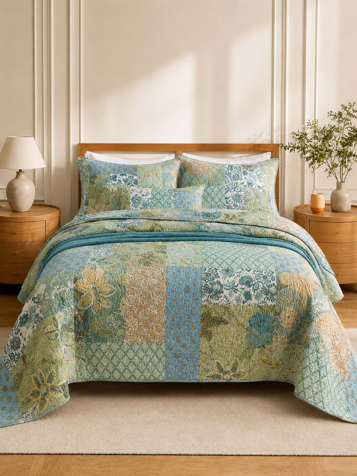 Sage Botanical Patchwork Quilted 3-Piece Cotton Bedding Set
