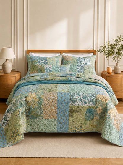 Sage Botanical Patchwork Quilted 3-Piece Cotton Bedding Set