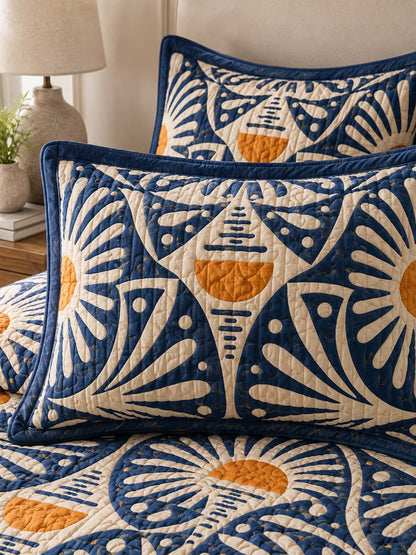 H.PAI Navy Sunburst Botanical Quilted 3-Piece Bedding Set