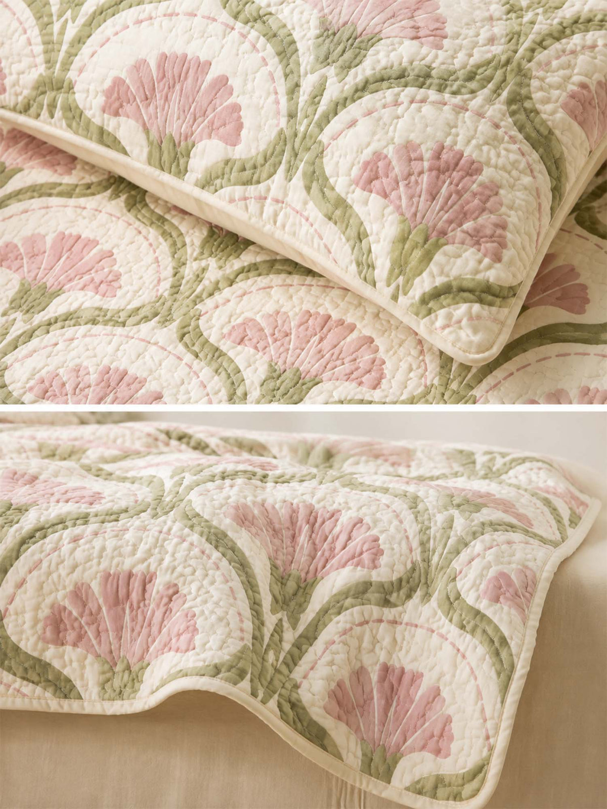 H.PAI Blush Floral Meadow Quilted 3-Piece Bedding Set