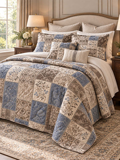 Vintage Blue Botanical Patchwork Quilted 3-Piece Bedding Set