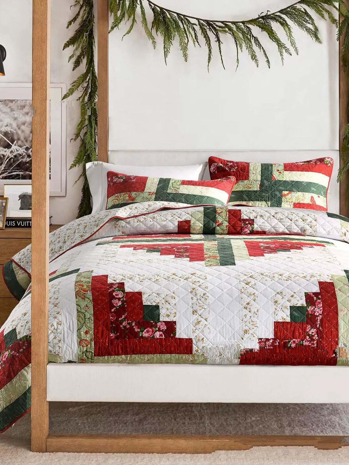 Vintage Floral Log Cabin Patchwork 100% Cotton Quilted 3-Piece Bedding Set