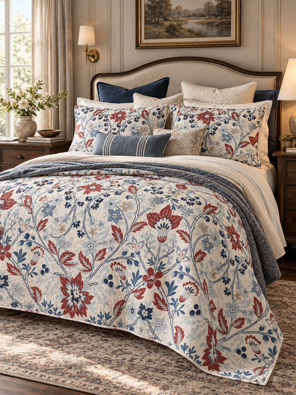Red Blue Botanical Floral Quilted 3-Piece Bedding Set