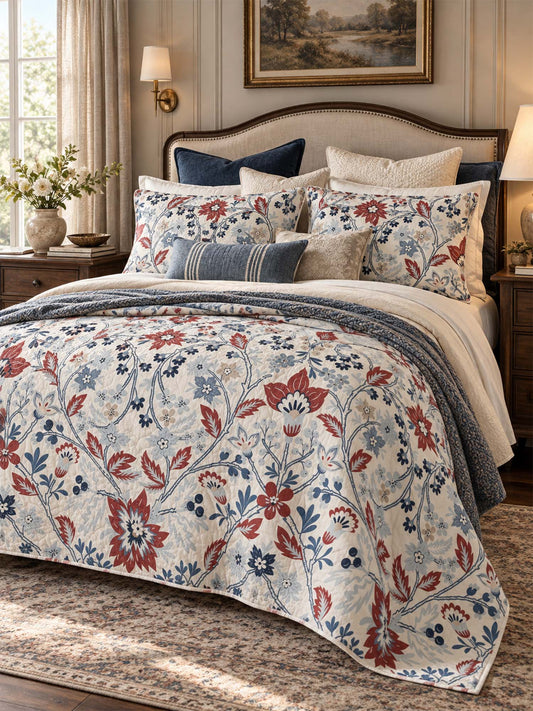Red Blue Botanical Floral Quilted 3-Piece Bedding Set