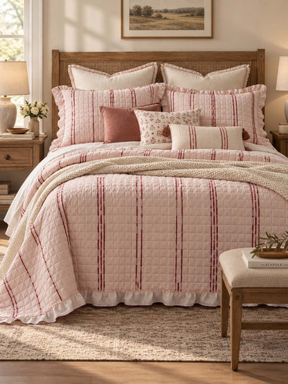 Stripe Ruffle Jacquard 100% Cotton Reversible Quilted 3-Piece Bedding Set