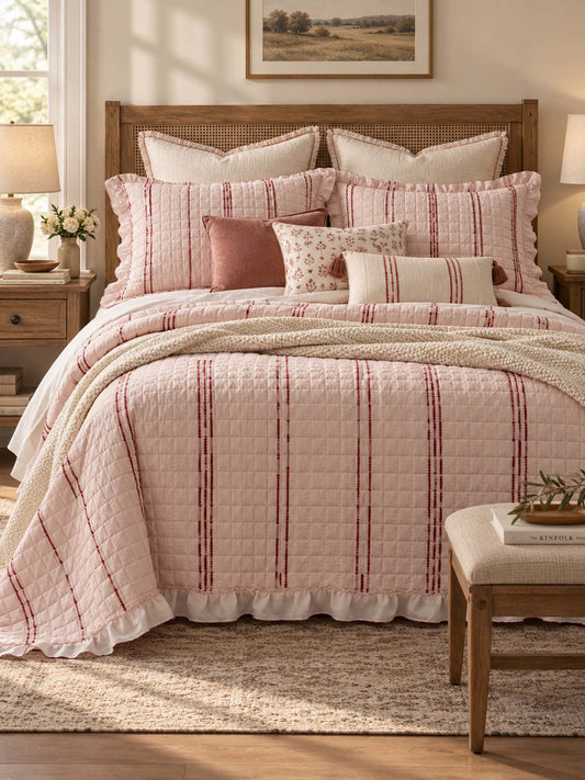 Stripe Ruffle Jacquard 100% Cotton Reversible Quilted 3-Piece Bedding Set