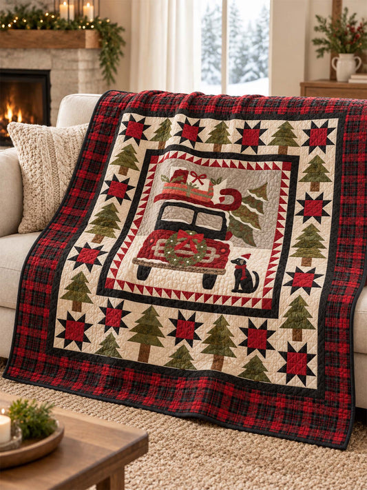 Vintage Christmas Red Truck & Black Cat Plaid Quilted Blanket