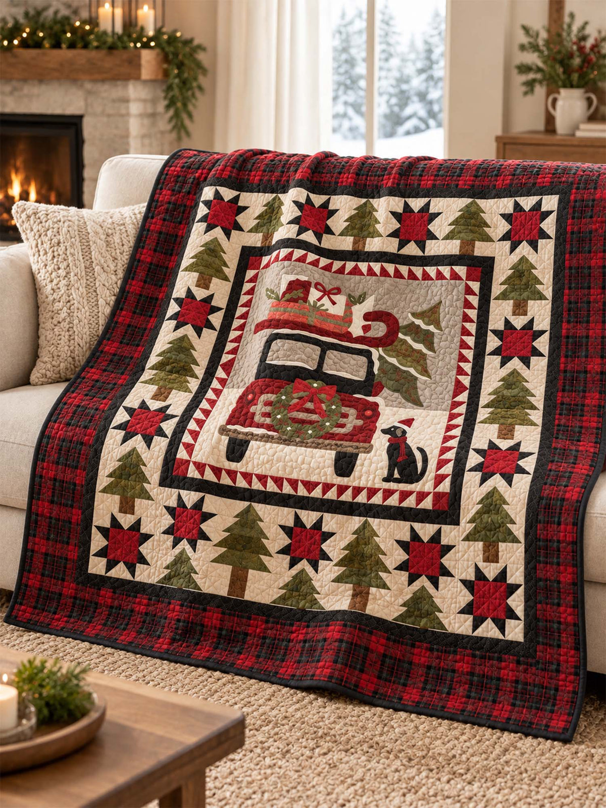 Vintage Christmas Red Truck & Black Cat Plaid Quilted Blanket