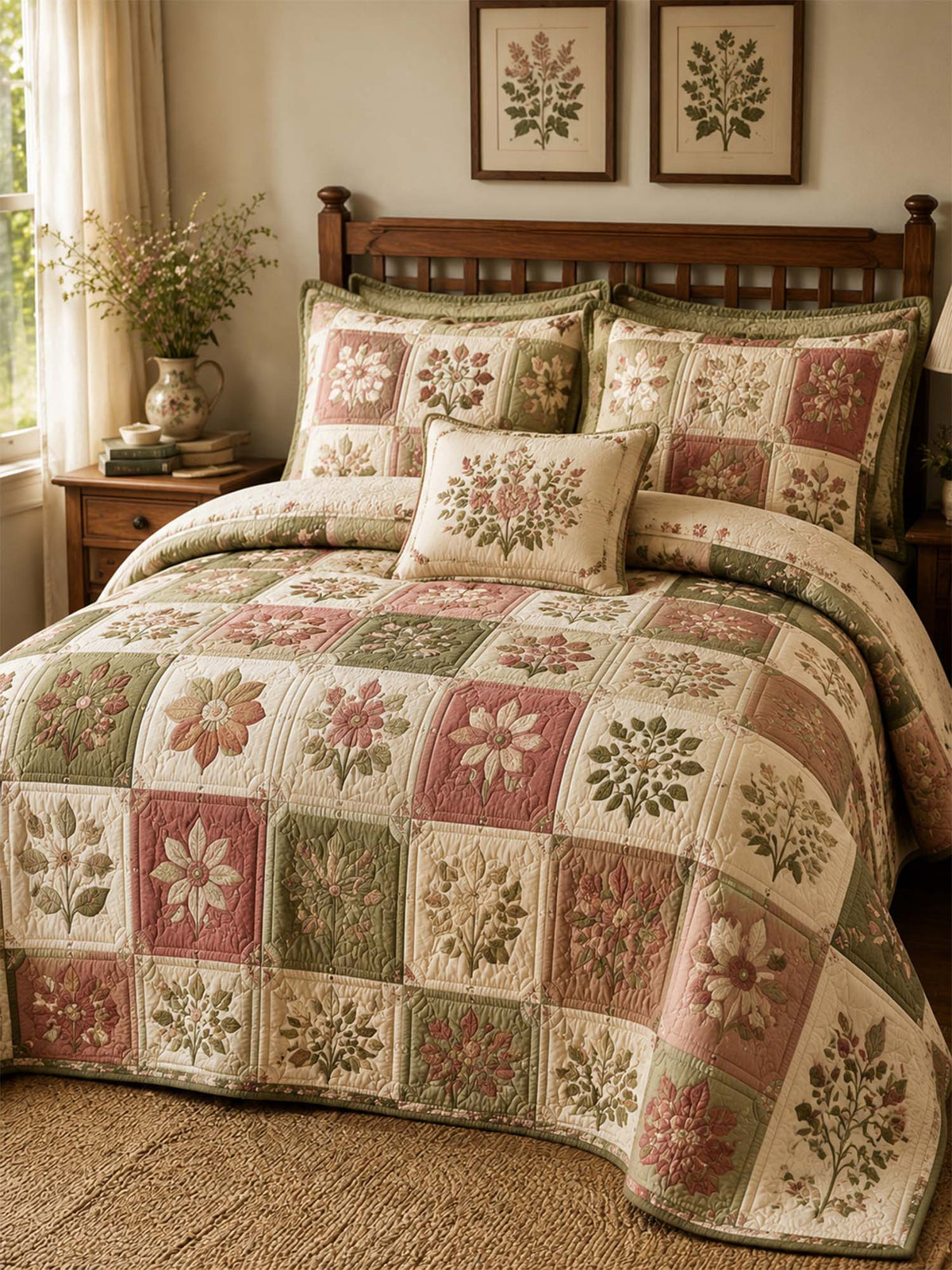 H.PAI Vintage Floral Patchwork Quilted 3-Piece Bedding Set