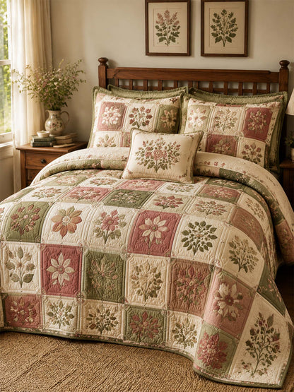 H.PAI Vintage Floral Patchwork Quilted 3-Piece Bedding Set