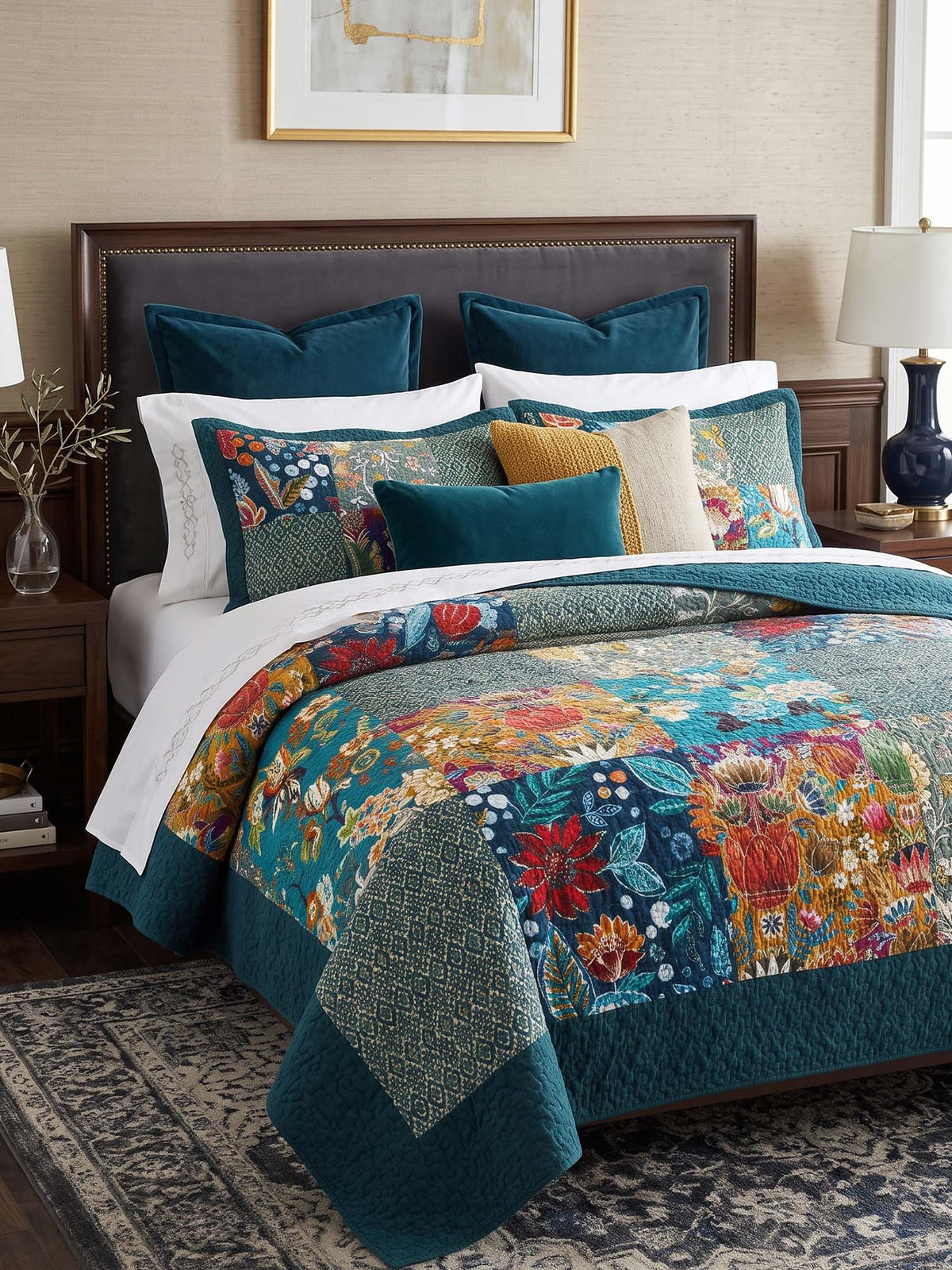 Teal Botanical Pieced Patchwork 100% Cotton Quilted 3-Piece Bedding Set