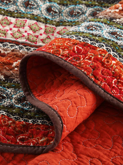 Rust Orange Bohemian Striped Patchwork Quilted 3‑Piece Bedding Set