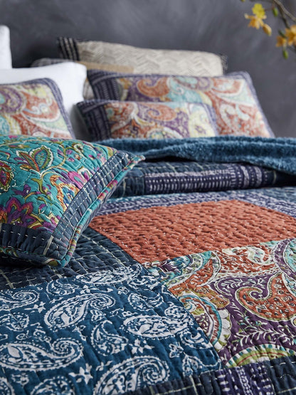 Navy Paisley Pieced Patchwork Reversible 100% Cotton Quilted 3-Piece Bedding Set