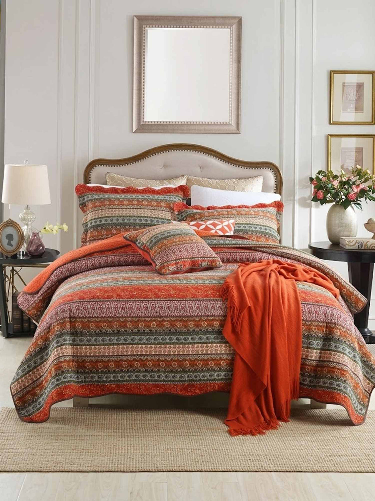 Rust Orange Bohemian Striped Patchwork Quilted 3‑Piece Bedding Set