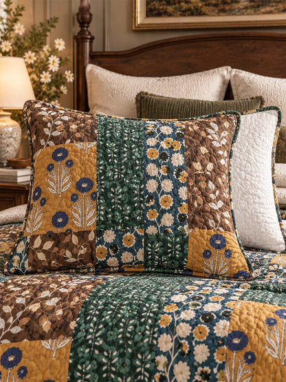 Botanical Floral Patchwork Quilted 3-Piece Bedding Set