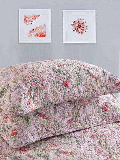 Soft Pink Country Botanical Floral Print Quilted 3‑Piece Bedding Set