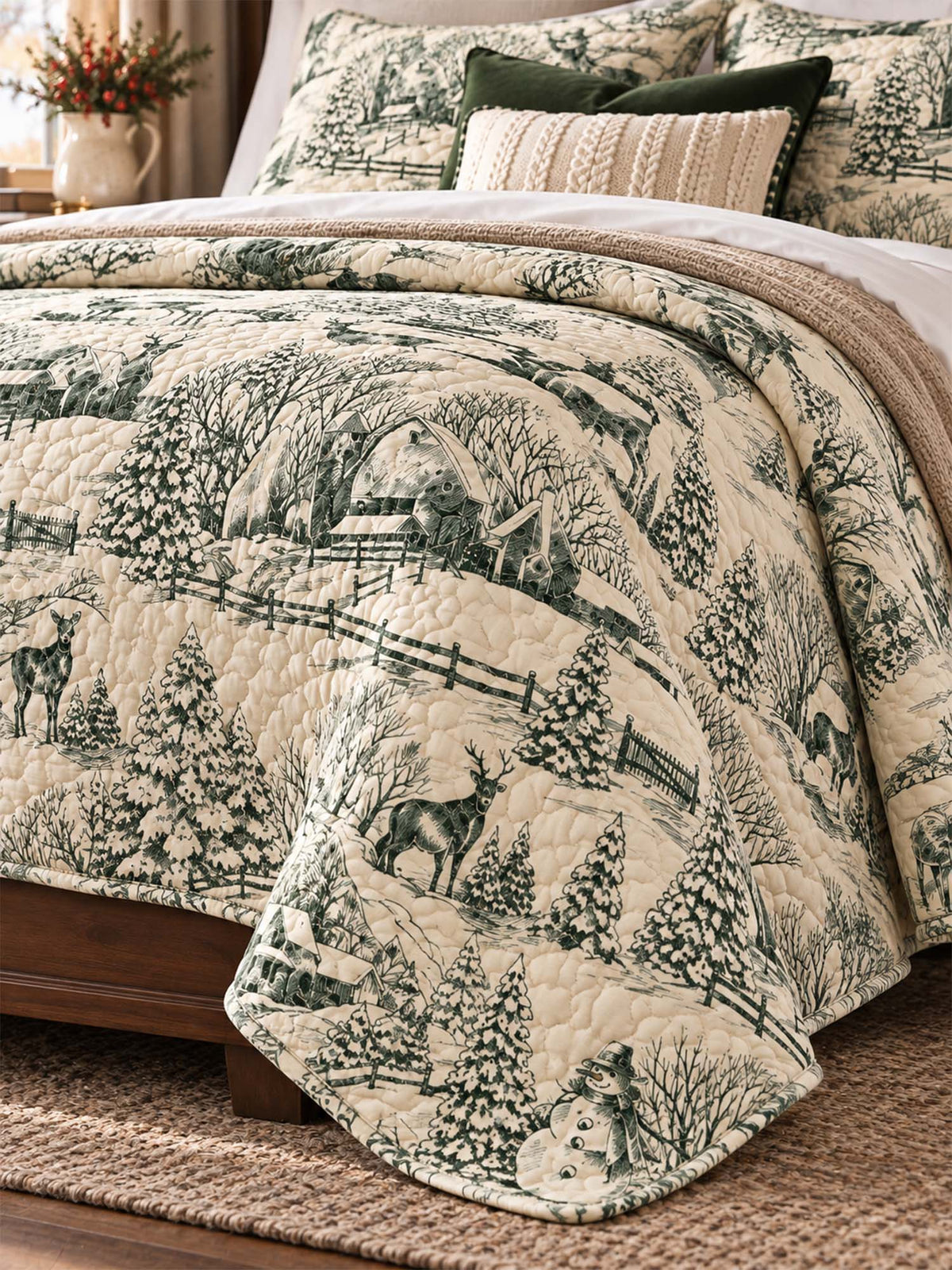 Winter Woodland Toile Quilted 3-Piece Bedding Set